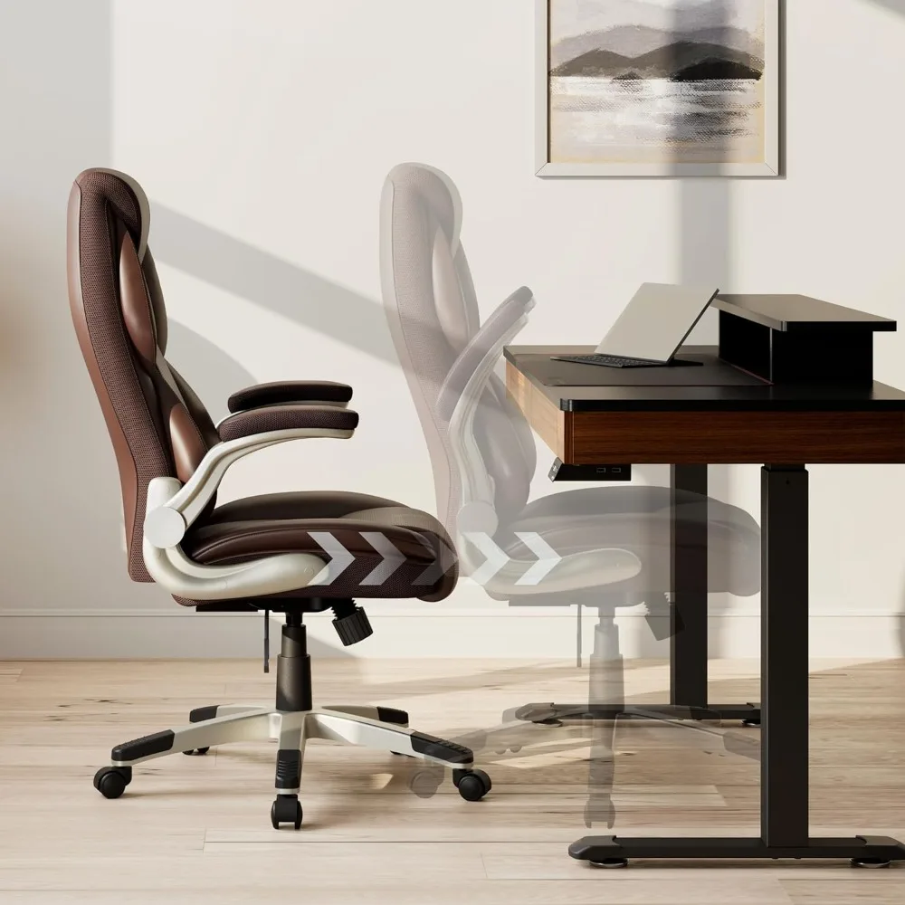 Silla de oficina ejecutiva, reposabrazos abatible hacia arriba, silla de escritorio ergonómica, silla de ordenador de piel sintética, silla de oficina con respaldo alto y reposacabezas