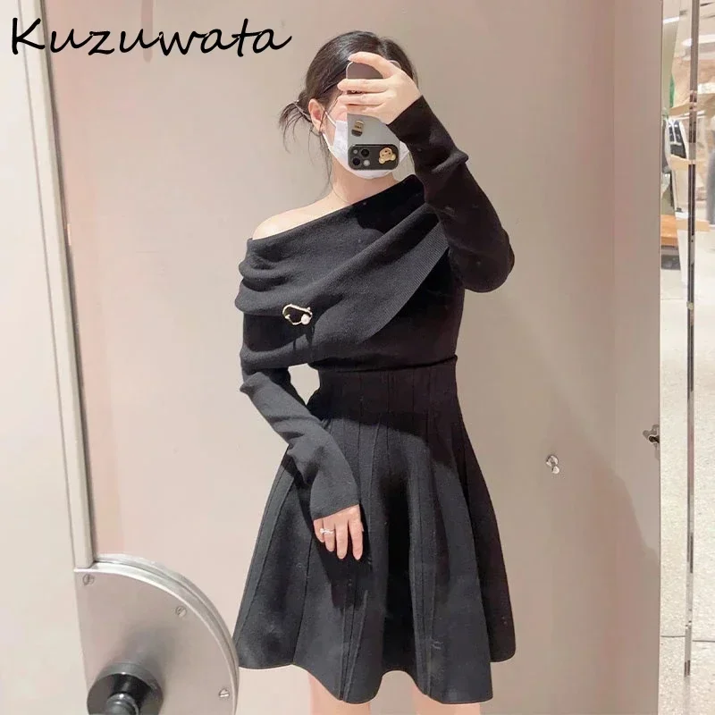 Kuzuwata Elegant Slash Neck Long Sleeve Sweaters Simple Pullover Love Pins Jumper Japan Shoulder Strapless Solid Sweet Knitwear