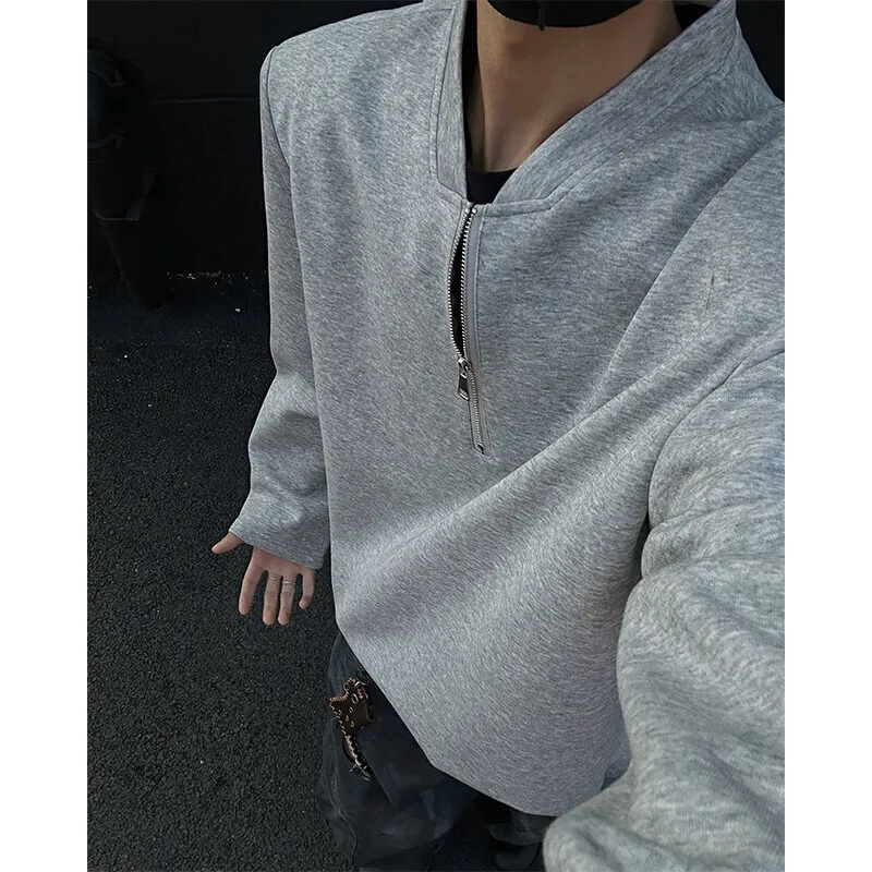 Spring Long Sleeved T-shirt Men Black White Casual Zipper T Shirt Men Streetwear Korean Loose Shoulder Pad T Shirt Mens Top