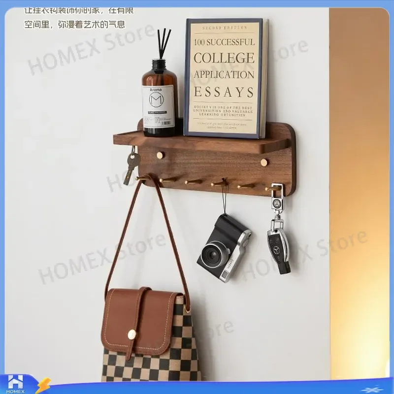 Black Walnut Key Holder Wall Mounted Brass Hook Rack Entryway Organizer Door Hanger Punch Free Storage Shelf Home Decor