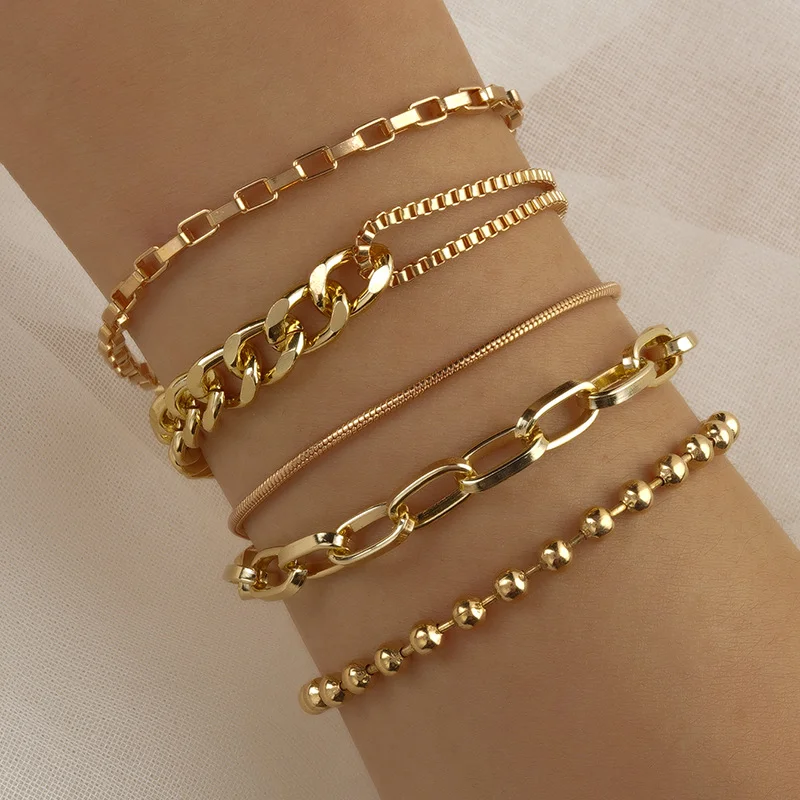

5-P Bracelet: Multi-Style Mix-and-Match Set European & American Metal Cuban Chain Bracelet Collection Hand Jewellery