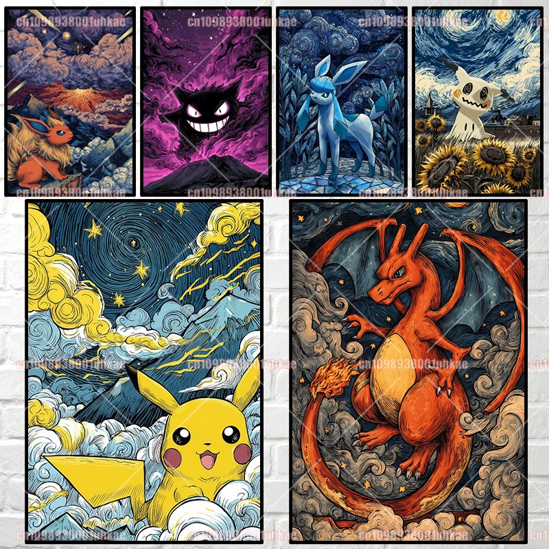 

Van Gogh Museum Pokemon Poster Anime Bulbasaur Charizard Gengar Eevee Watercolor Canvas Painting Abstract Art Deco Painting