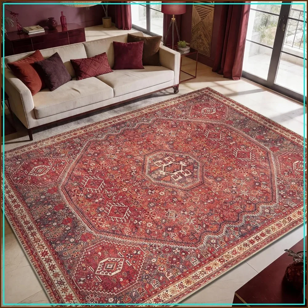 Vintage Washable Area Rug Non-Slip Low Pile 8x10 for Living Room Bedroom