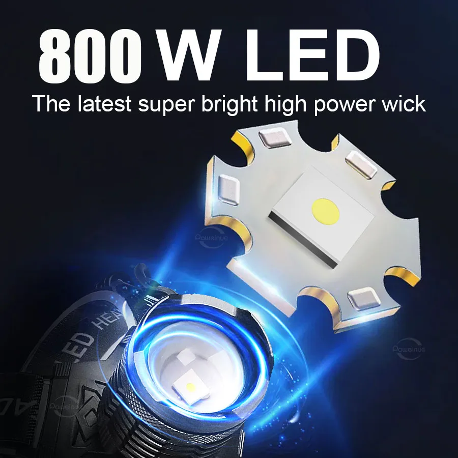 2024 Latest 800W Headlamp  90 adjustment Powerful Rechargeable Head Flashlight  Waterproof IPX6  Portable rechargeable led lamp