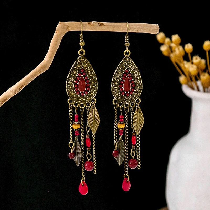 Classic Bohemian Vintage Water Drop Earrings for Women Ethnic Style Handmade Long Chain Bead Tassel Earring Pendientes Mujer