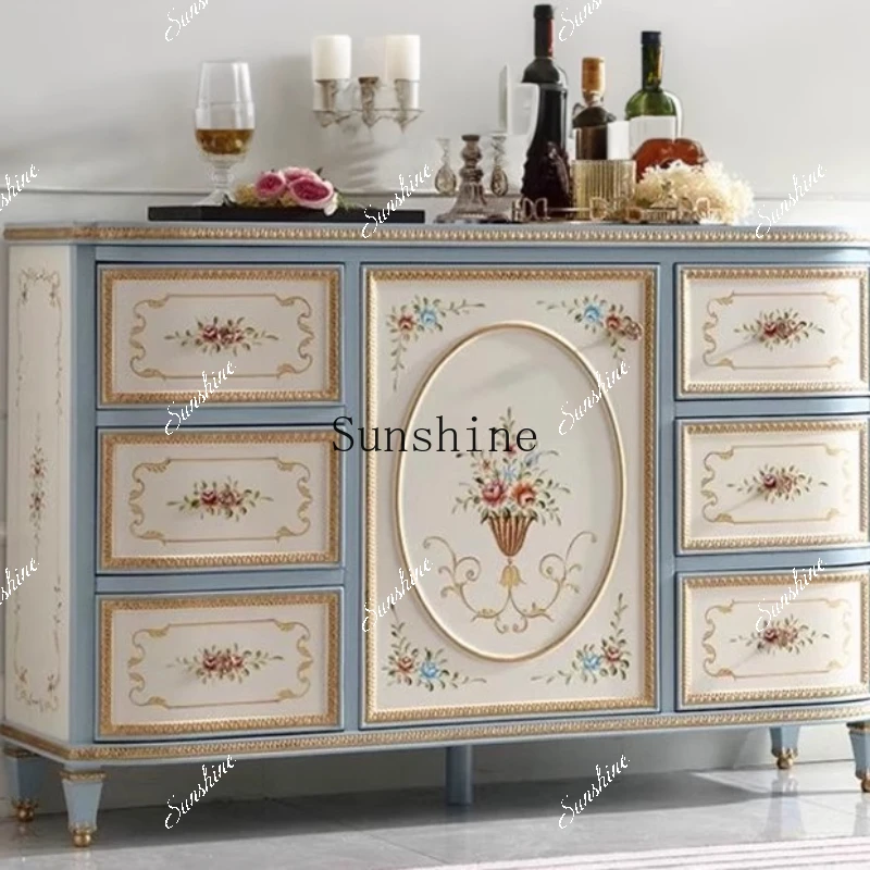 French retro solid wood dining side cabinet, painted storage foyer of palace villa, entrance entrance storage  FT