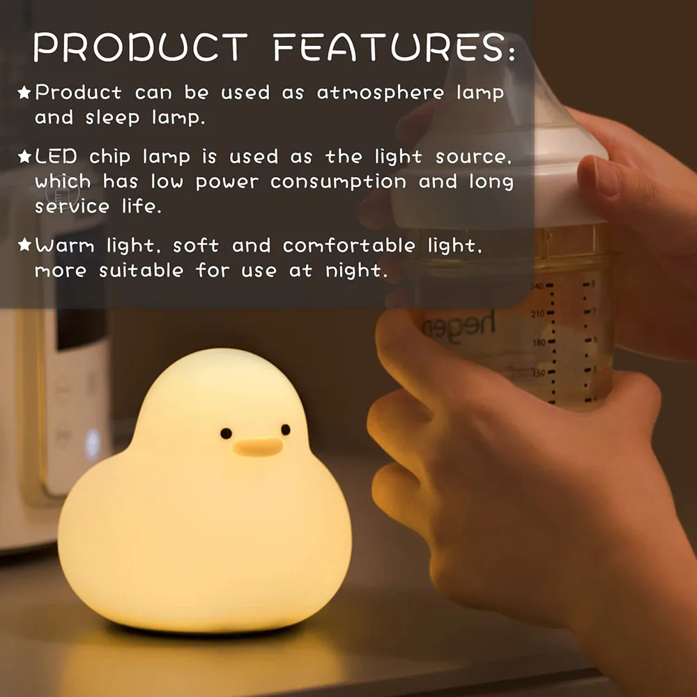 Bonito Pato LED Night Light para o quarto, USB recarregável, proteção para os olhos, descompressão Artefato, Lâmpada de toque, Kawaii