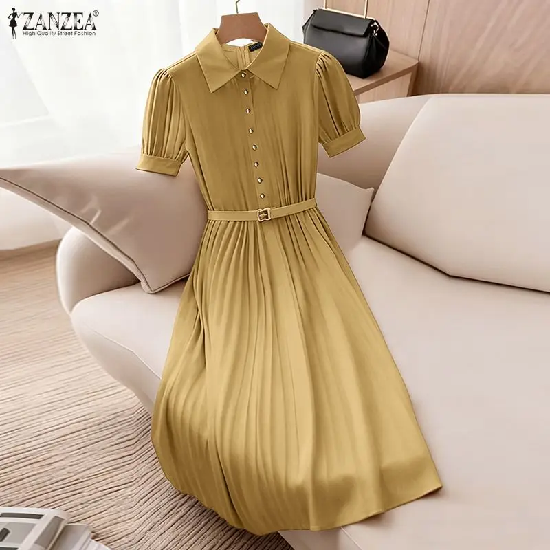 ZANZEA فستان كاجوال المرأة الصيف قصيرة الأكمام فضفاضة الصلبة الركبة طول فستان الشمس 2026 موضة مطوي أنيقة مكتب سيدة Vestidos #1