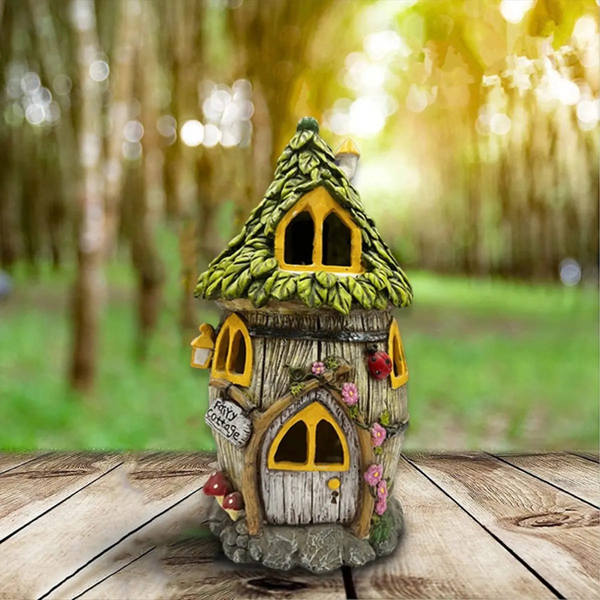 Y17A Resin Houses with Solar LED Lights Fairy Garden Accessories Outdoor Cottage Figurines Lawn Ornaments,B