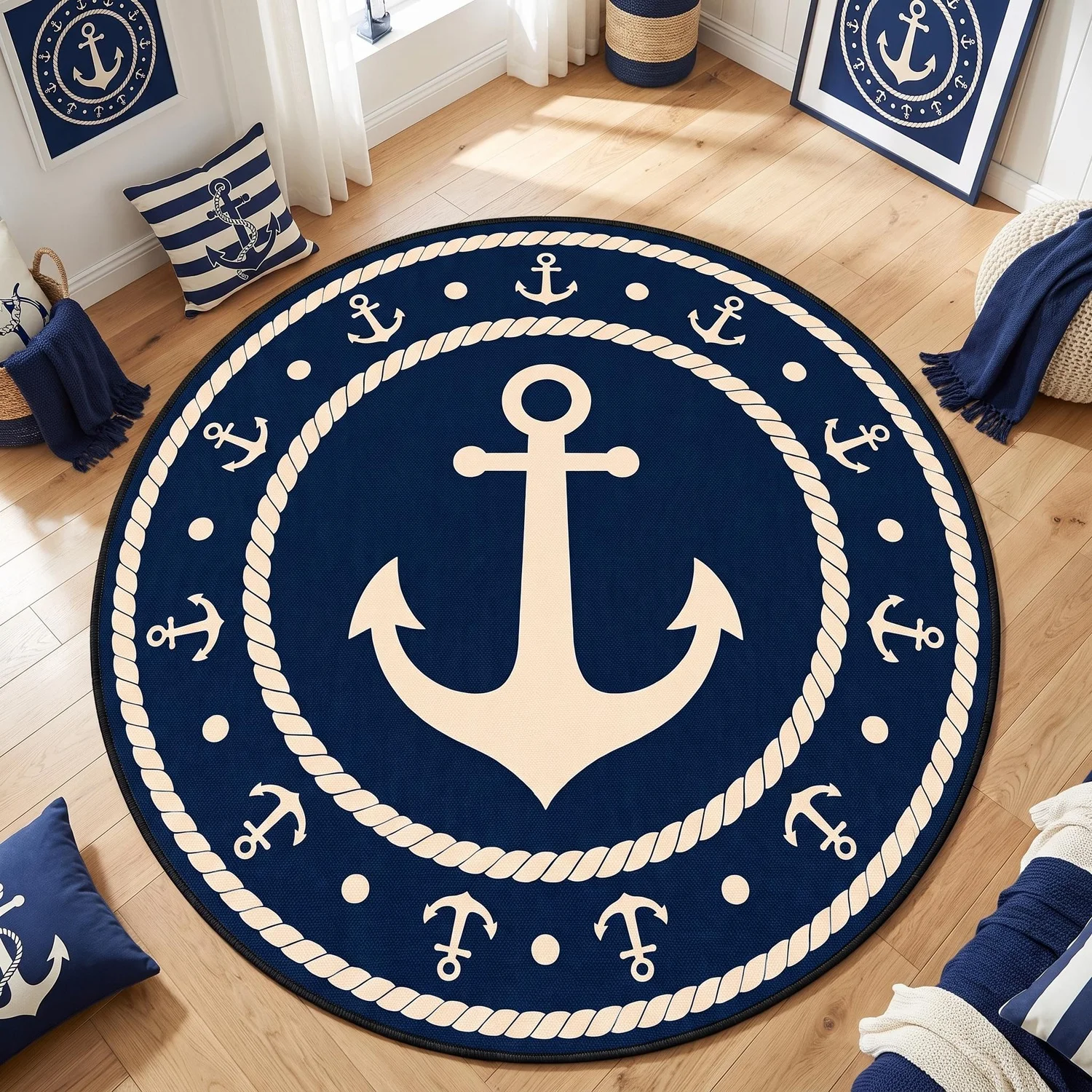 Nautical Anchor Round Rug, Navy Blue Coastal Style Rug, Sailor Rope Beach Cottage Decor