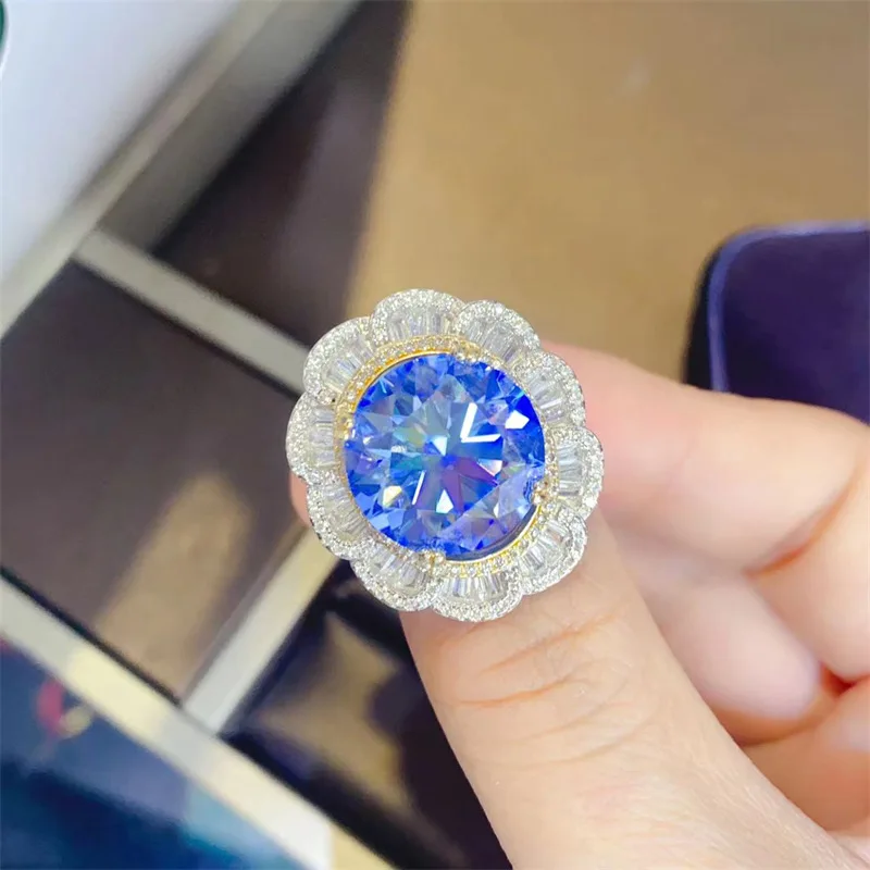 Luxury Platinum Solid Platinum PT950 Women's Ring Diamond Blue 10 Carat Round Cutting Micro Set Proposal Wedding High End Jewelr