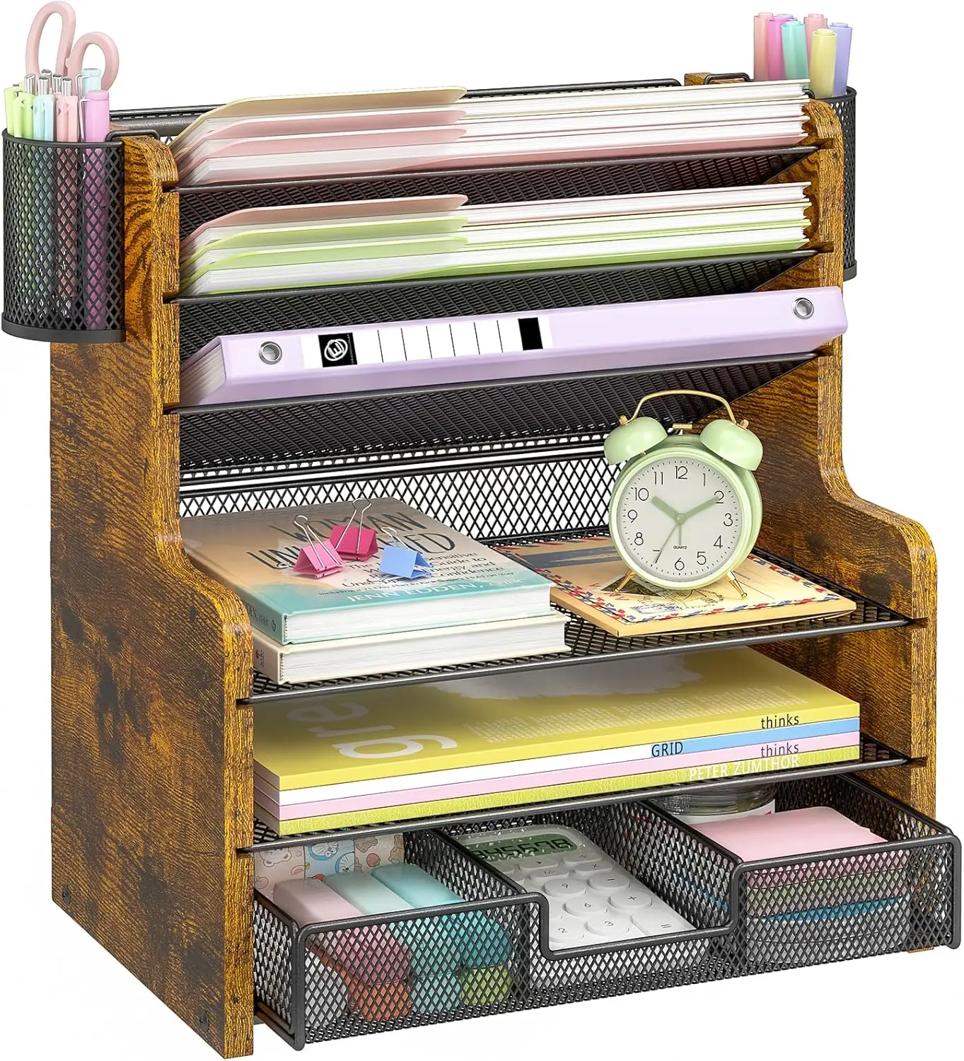 

6-Tier Mesh Desk Organizer with Drawer, Wooden Office File Holder for Papers & Supplies - Space Saving