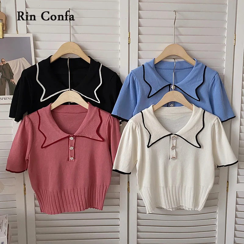 

Rin Confa Fashion Flower Button Chic Turn-Down Collar T-Shirt Women Knitting Tops Hem Whorl Cute Short Sleeves Top Women