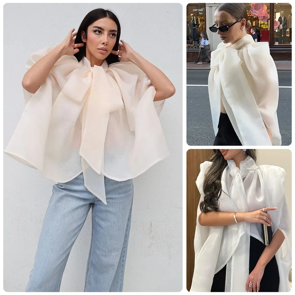 2026 New Women Autumn Fashion Lightweight Bow Tie Top Stand Collar Big Ribbon Ethereal Temperament Short Top