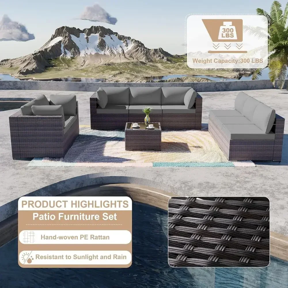 9-Piece Grey Wicker Patio Furniture Set with 4 Sofas, Sectional, Coffee Table, and Washable Cushions