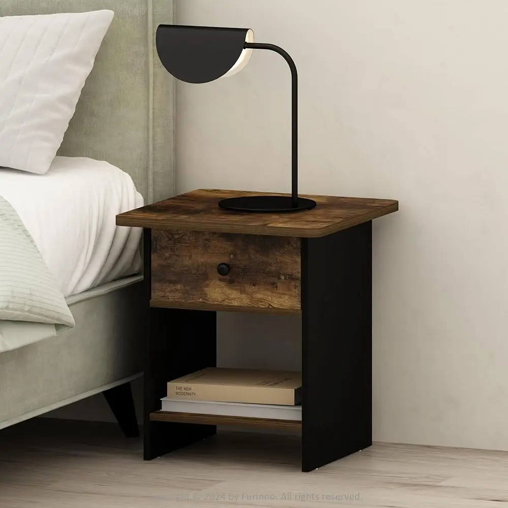 

Tidur Nightstand, Bedside Table Storage Shelf With Bin Drawer, Amber Pine/Black