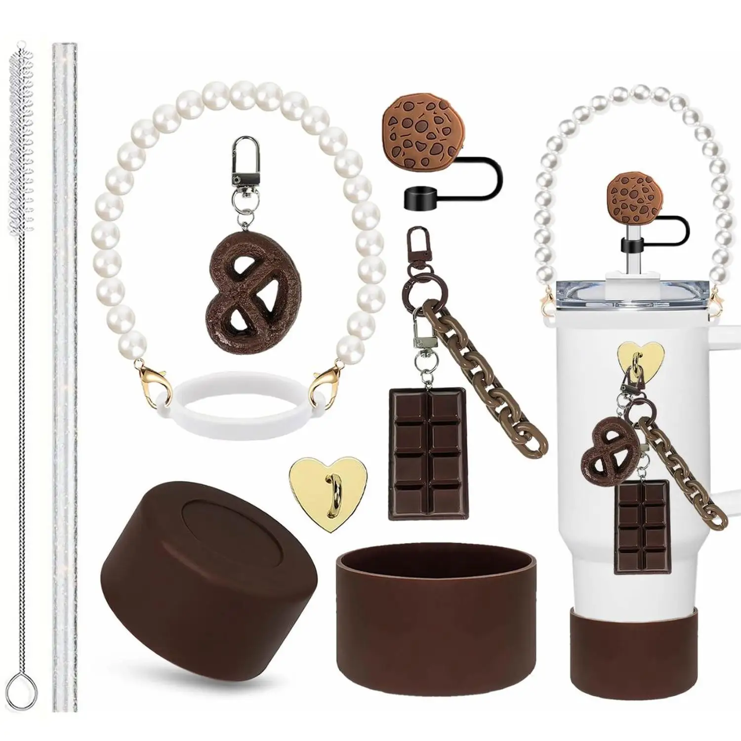 Maillard Color Chocolate Keychain Pendant Pearl Water Bottle Lanyard Handle Cookie Style Straw Topper Cup Sleeve
