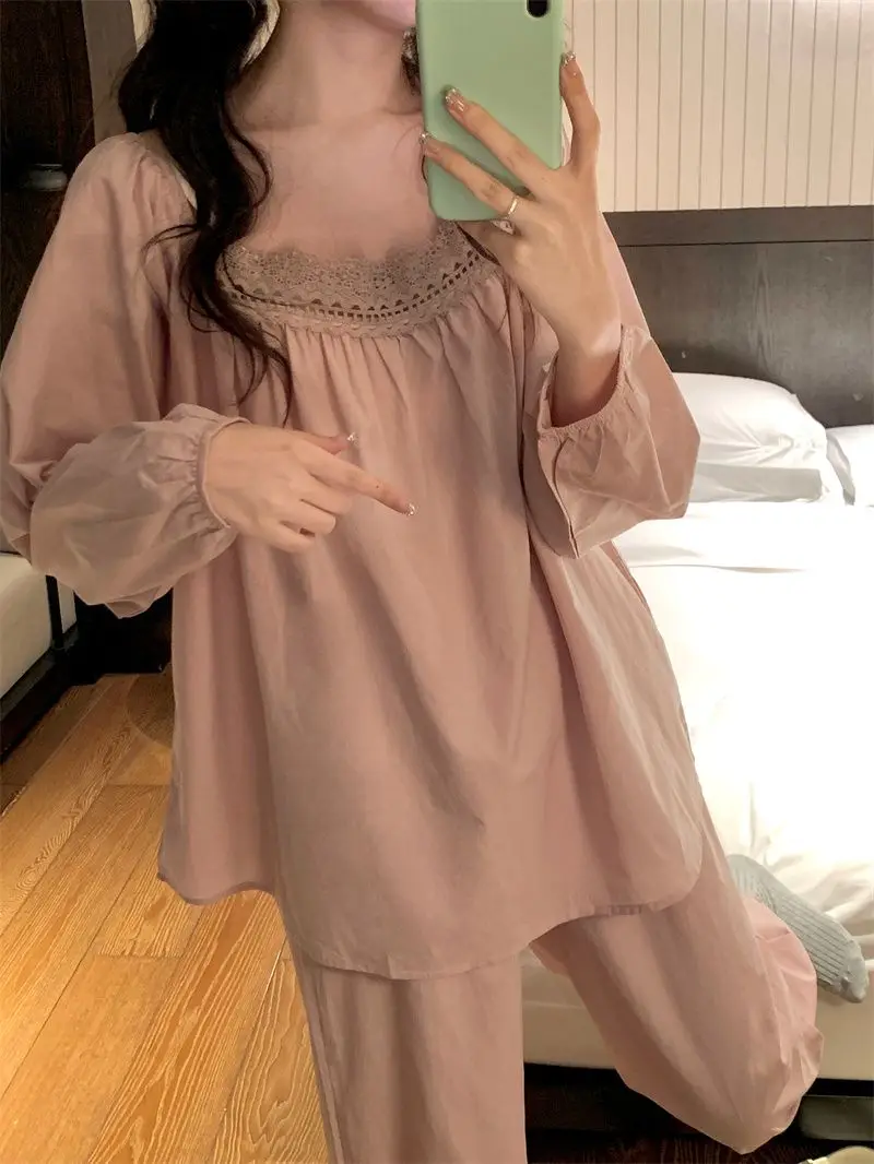 

Pajama Sets Women's Spring Autumn Long Sleeved Pants Korean Edition Cute Lace French Home Furnishing Two Piece Set Large Pyjams