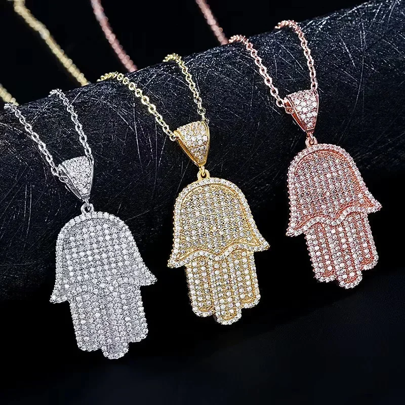 2024 New Fashionable Hip Hop Sweater Chain Women's Style Micro Embroidered Aaa Full Zirconia Creative Palm Branch Necklace