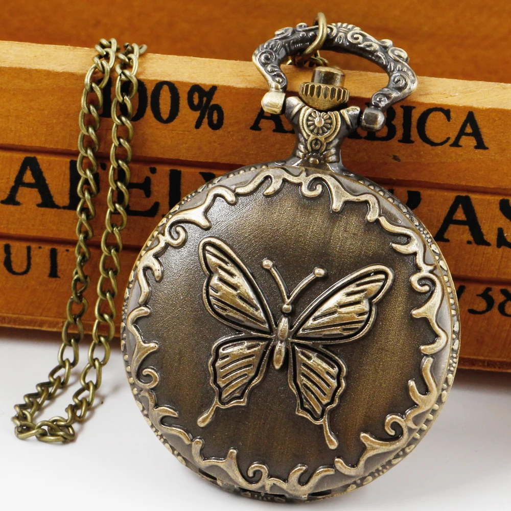 Collar de cuarzo con patrón de mariposa para mujer, serie de relojes, colgante de bronce Retro, cadena, reloj de bolsillo, regalos encantadores