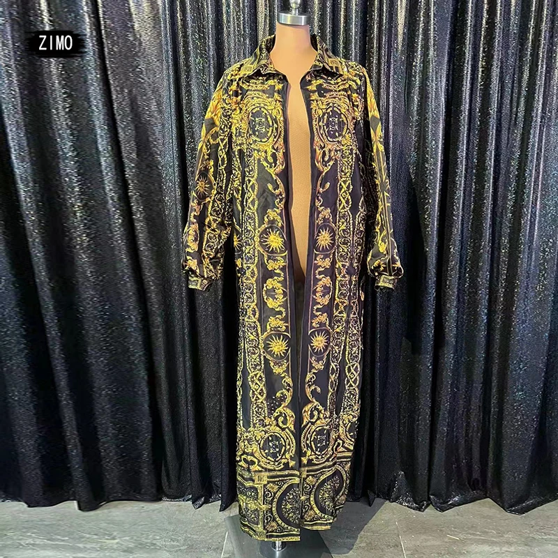 

fashion Print Long Cloak coat long sleeve party Nightclub Dj Ds Gogo Dancer performance Costume Male Pole Dance Rave festival