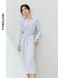 SENTUBILA Spring Elegant Straight Shirt Dress 2024 Solid Side Split Tie Waisted Slim Long Sleeve Midi Dresses Woman 141L53520