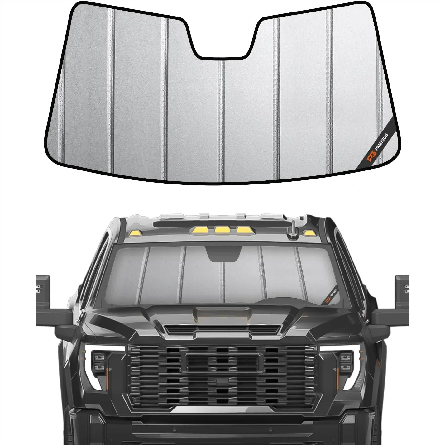 

Windshield Sun Shade for Chevy Silverado & GMC Sierra 1500/2500/3500 2019-2026 Non-HUD Models with Premium Grey Leather Finish