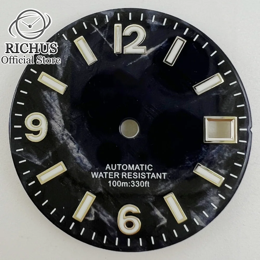 RICHUS 29mm NH35 esfera del reloj verde luminoso negro azul verde cara ajuste NH35 movimiento ajuste 3 en punto corona 3,8 en punto corona