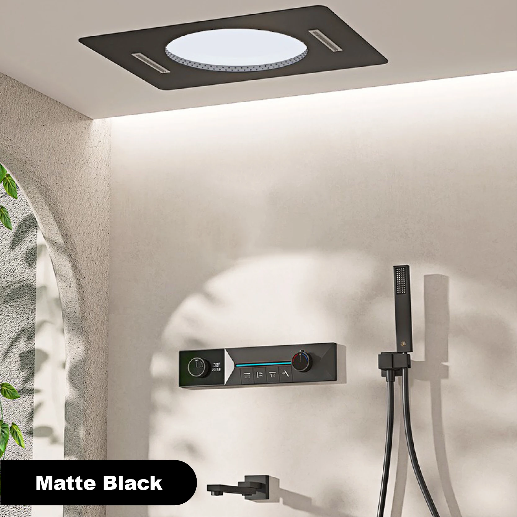 Gunmetal Grey plafondgemonteerd 4-functie watervaldouchesysteem met ingebed messing thermostatisch LED-displaylichaam voor badkamer