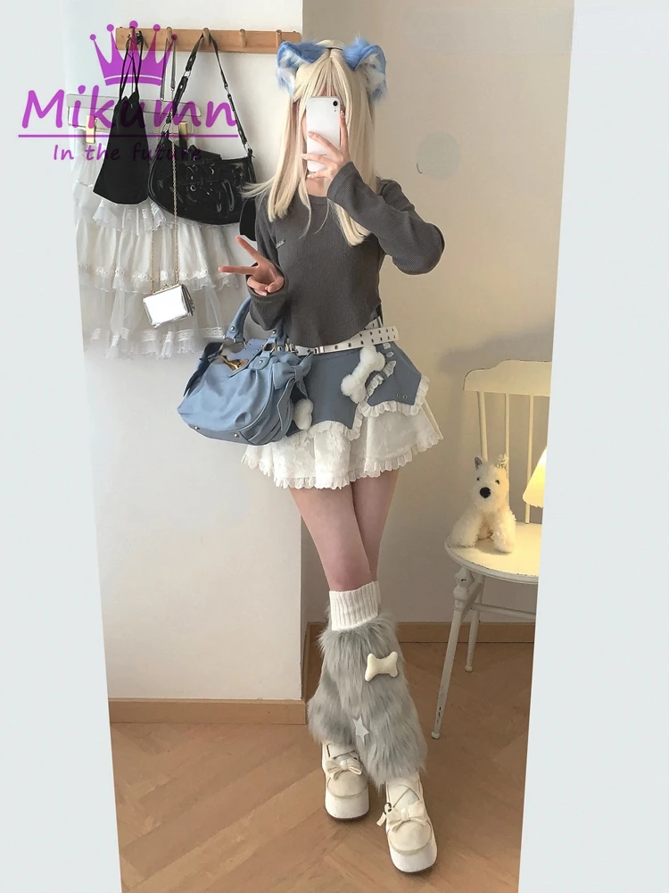 Mikumn Women Cute Plush Bone Lace Cute Y2k Shorts Skirt Japanese Kawaii Lolita High Waist A-line Patchwork Ruffles Cake Skirts