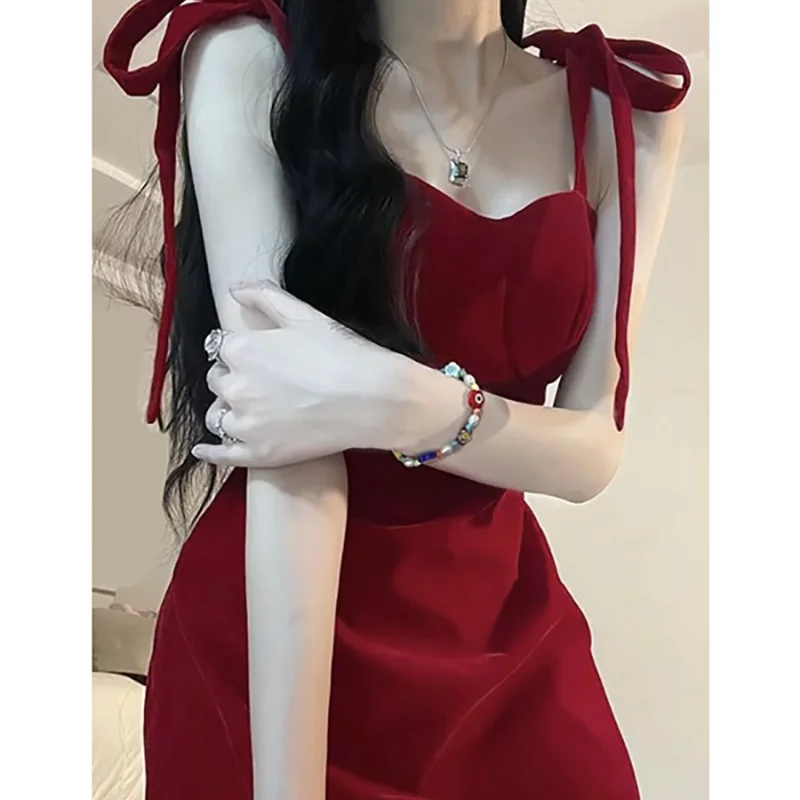 Suspender Mini Dress 2023 Summer New Slim Sleeveless Red Hot Girl Hip Skirt Patry Strap Sexy Dress Women Clothes