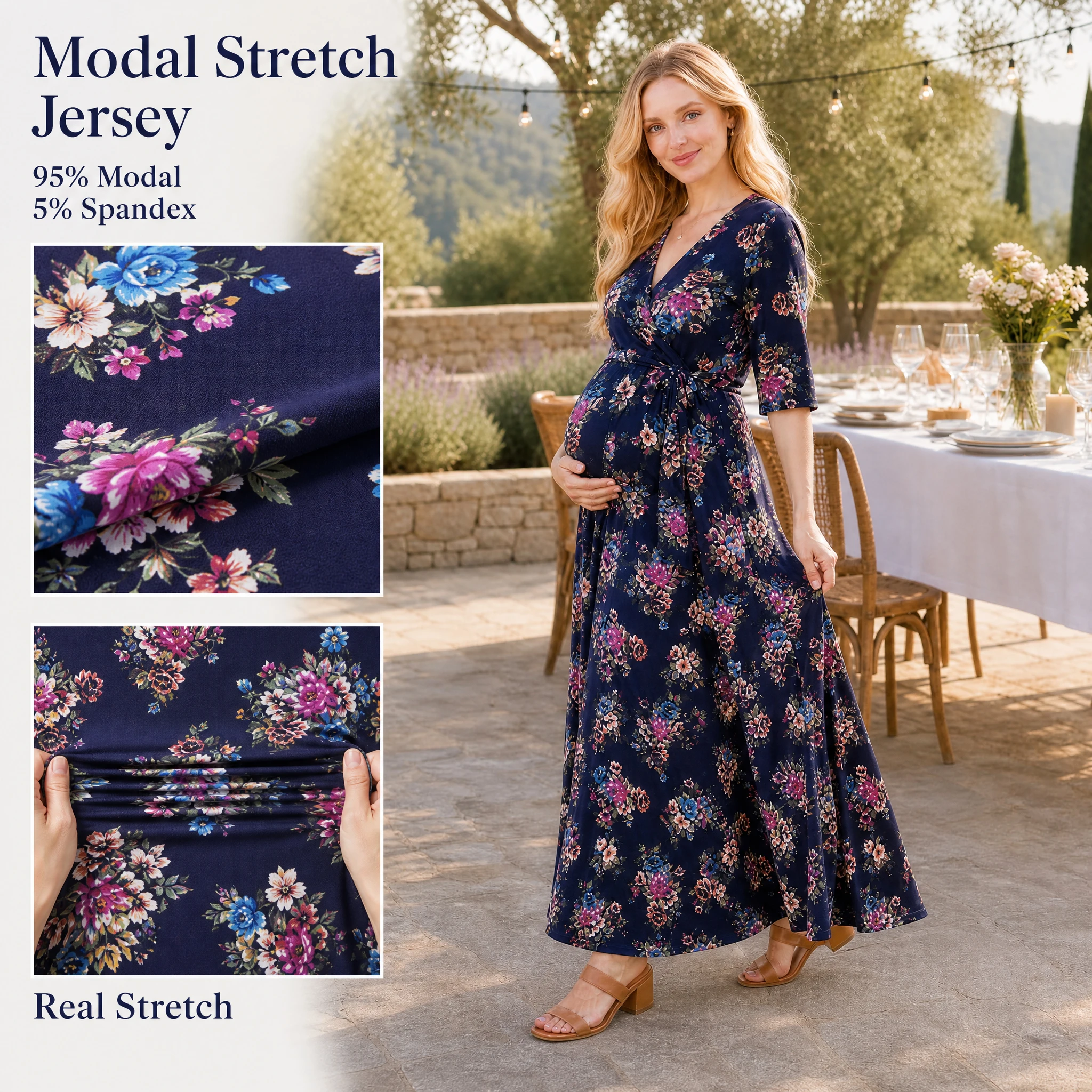 Wrap V Neck Floral Maternity Nursing Maxi Dress Half Sleeve Modal Stretch Breastfeeding Dress for Pregnancy Photoshoot