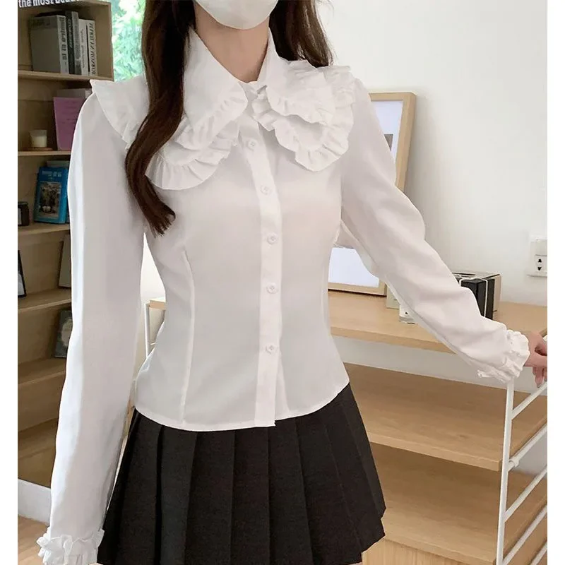 

Korean Minimalist Spring Autumn New Women's Spliced Ruffles Polo-Neck Button Stylish Loose Preppy Style Long Sleeve Shirt Blouse