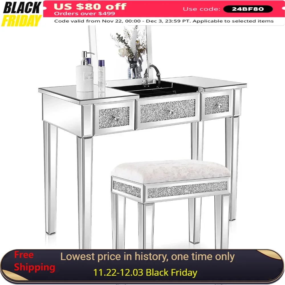 Vanity Desk with Drawers Bedroom Makeup Vanity Table Set with Mirror and Stool Flip Up Dressing Table Small Makeup Stand