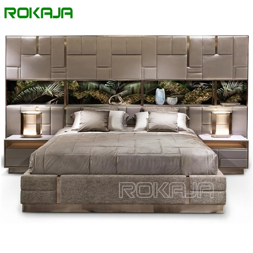 Top Brand King Size Bed Mattress Set Italian Design Luxury Headboard Bookcase And Stainless Steel Base Soft Fabric Bed