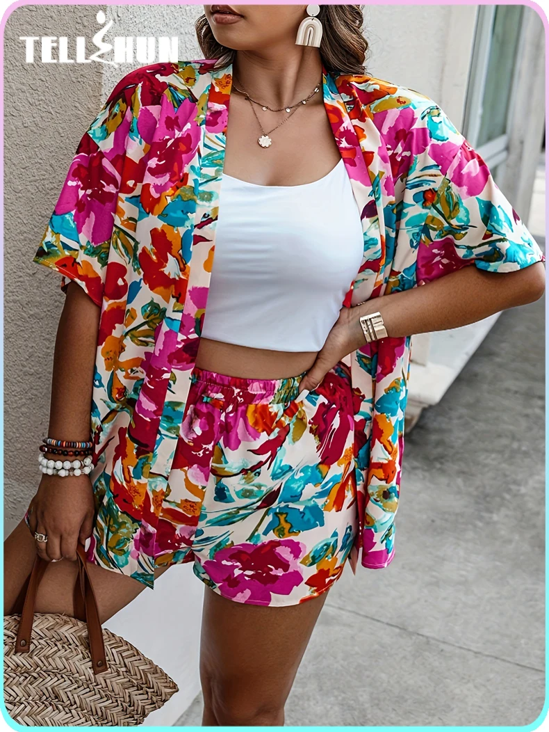

New Summer clothes for women printed Cardigan shirt + short pants 2 pieces Sets plus size female casual suits outfits 2024 traff