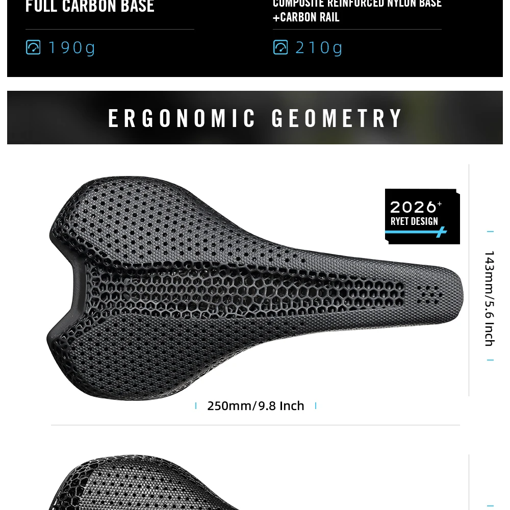 RYET Ultraleichter Carbon 3D-Gedruckter Fahrradsattel 190g/210g 7*9 Fahrrad-Sitzkissen für Rennrad MTB Mountain Gravel Radzubehör – Detail 6
