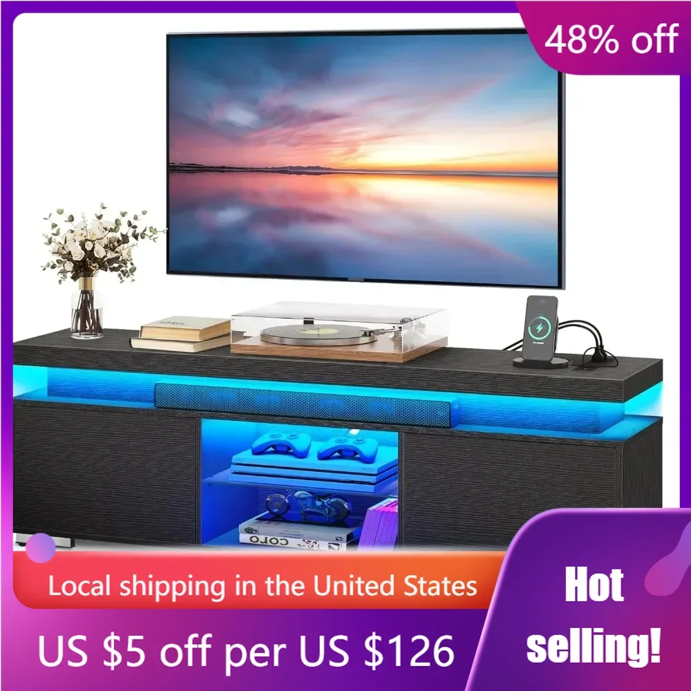 

Modern TV Stand for 55/60/65 Inch Tv Stand Living Room Furniture LED Entertainment Center With Power Outlets Black Freight Free