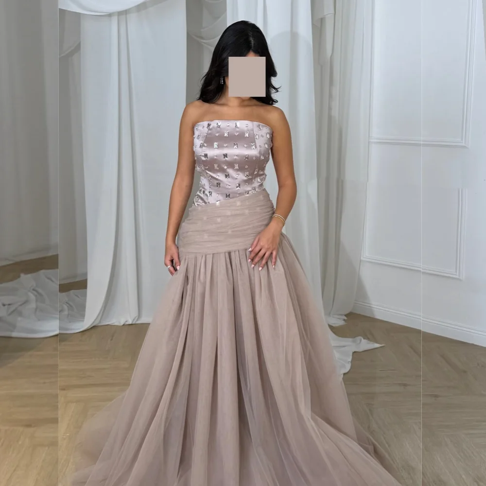 

Customized Rhinestone Pleat Charming Strapless A-line Long Dresses Bespoke Occasion High Quality Evening Elegant Party Wedding