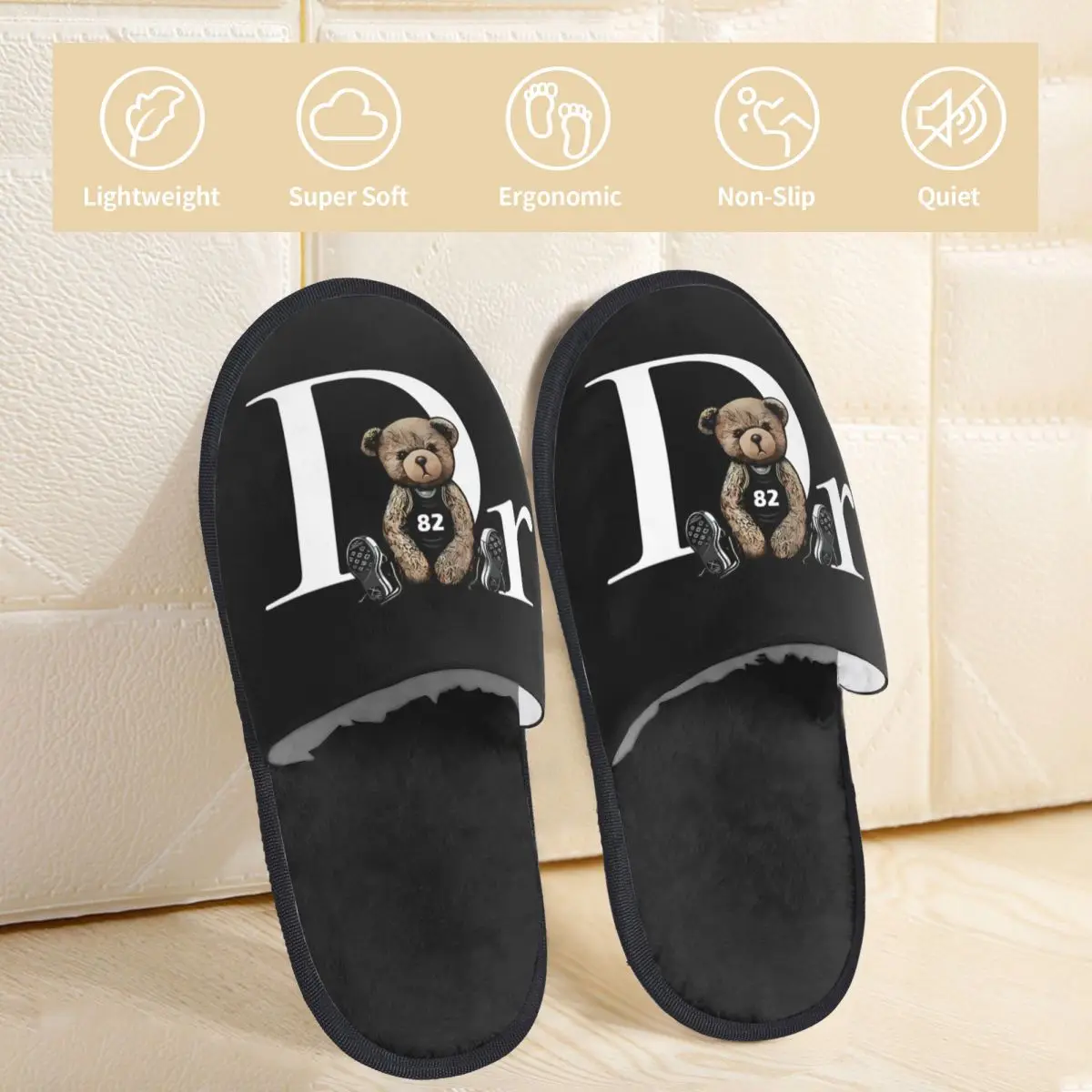 Luxury Letter Bear Winter Slippers Hip Hop Teddy Bear Merch Household Fur Slides Slippers Living Room Cozy Non-slip Slides