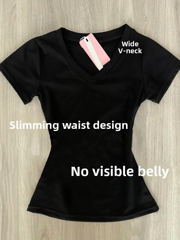 

Футболка Slim Fit Bla V-Ne ort Sve, женская повседневная футболка для поездок на работу, корейская версия, летний топ с застежкой на талии