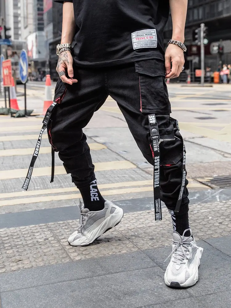 Classic Streetwear Hip Hop Joggers Men Letter Ribbons Cargo Pants Pockets Track Tactical Casual Male Trousers Sweatpant K111