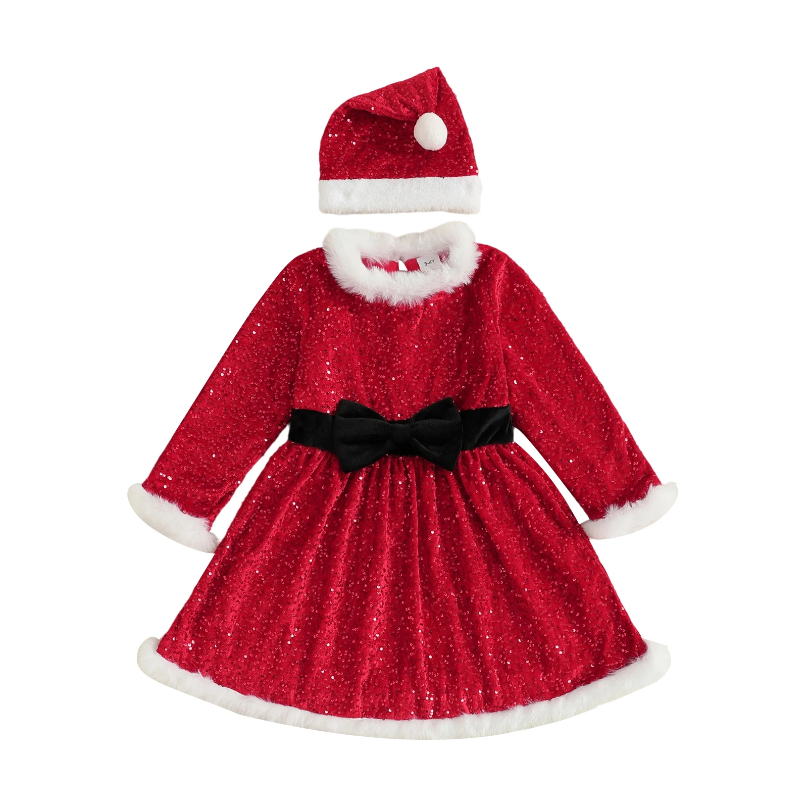 

Toddler Girl Christmas A Line Dress with Bow Belt Glitter Fur Round Neck Long Sleeves Dress with Hat Santa Costume