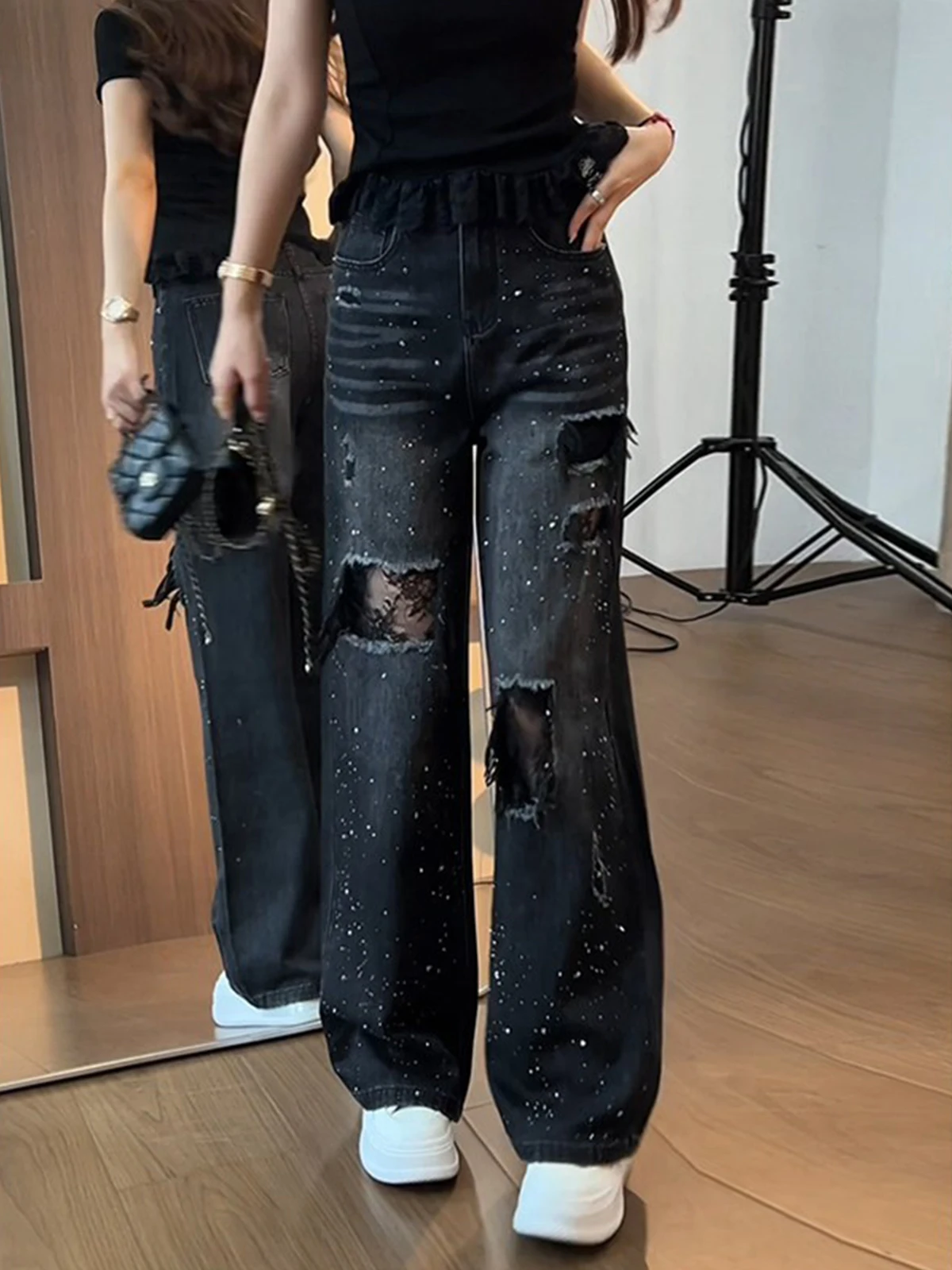 

Retro High Waist Wide Leg Denim Jeans Women's Summer New Style Drill Decorated Floor Length Straight Cut Trousers