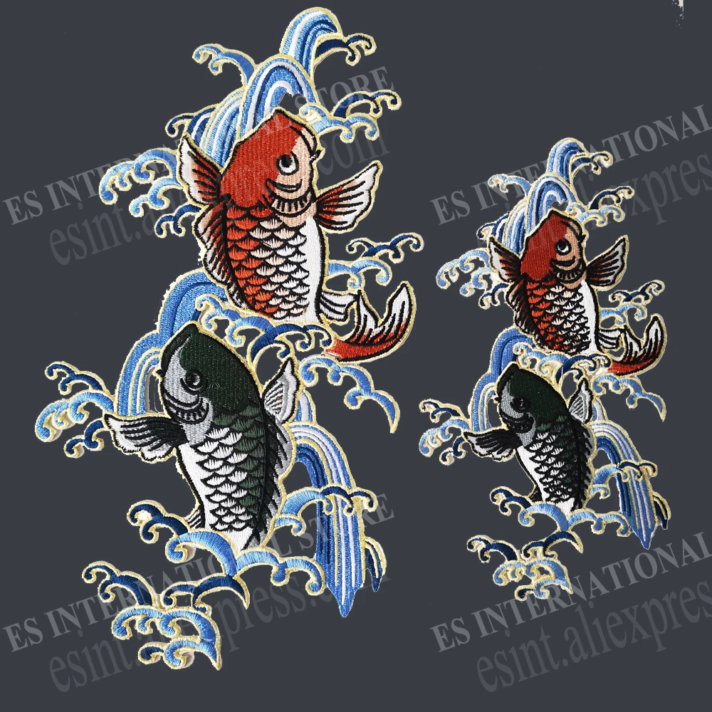 Chinese CarpEthnic Style Large Embroidery Patches for Jacket one Carps Jumping over the Dragon Gate Fish Marine Life Iron on