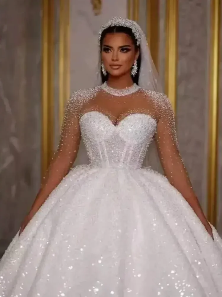 Vestido de novia africano brillante, lujoso vestido de novia de corte a, cuentas de lentejuelas, mangas largas, vestido de novia de Dubái personalizado