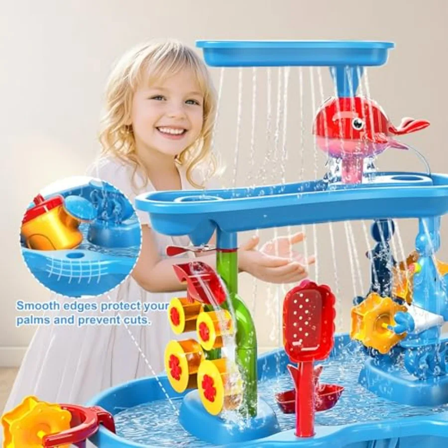 Water Table for Toddlers 3-5 3-Tier Outdoor Water Table Toys with Rain Showers Splash Pond, Sensory Play Table in Blue Plastic
