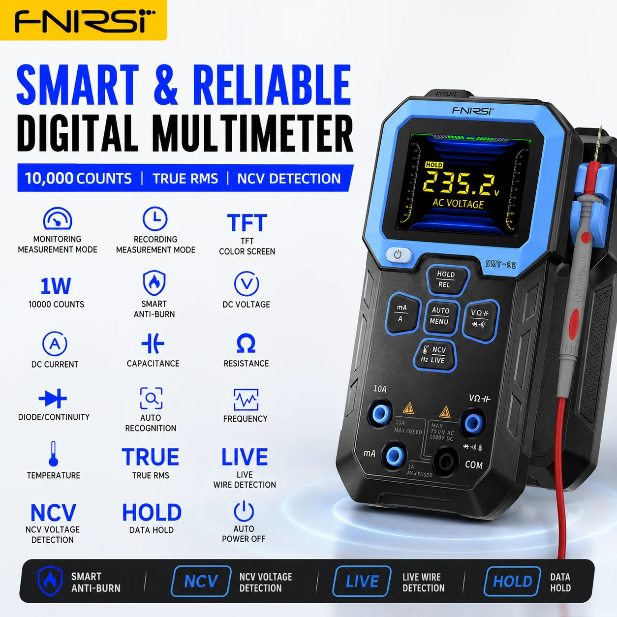 FNIRSI DMT-99 9999 Counts True RMS Auto Range Smart DMM 10A AC DC Voltmeter Ammeter NCV Ohm Cap Temp Diode Anti-burn Tester