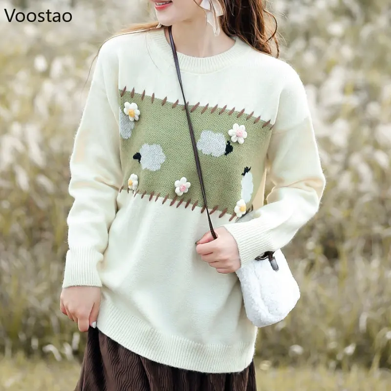 Spring Autumn Sweet Women Kawaii O-Neck Cartoon Sheep Flower Jacquard Sweater Girly Harajuku Cute Loose Knitted Pullover Tops