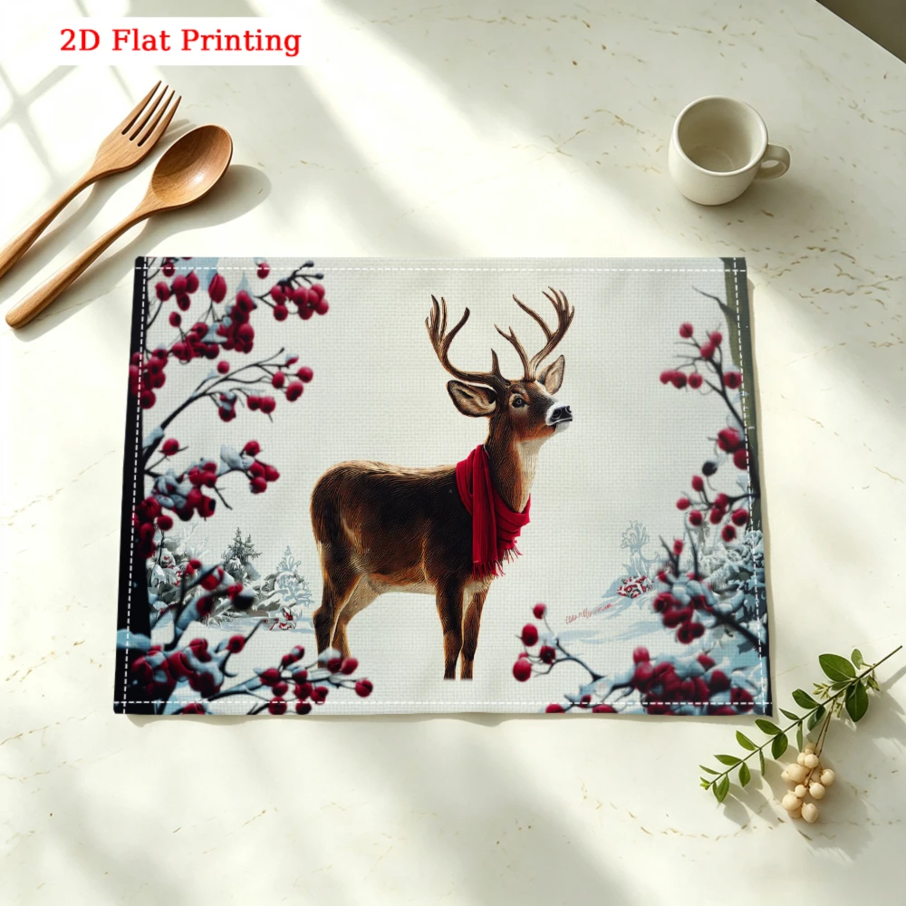 Deer With Red Scarf Berries Kitchen Placemat Coaster Linen Pad Dish Coffee Cup Table Mat 30x40cm Home Decor